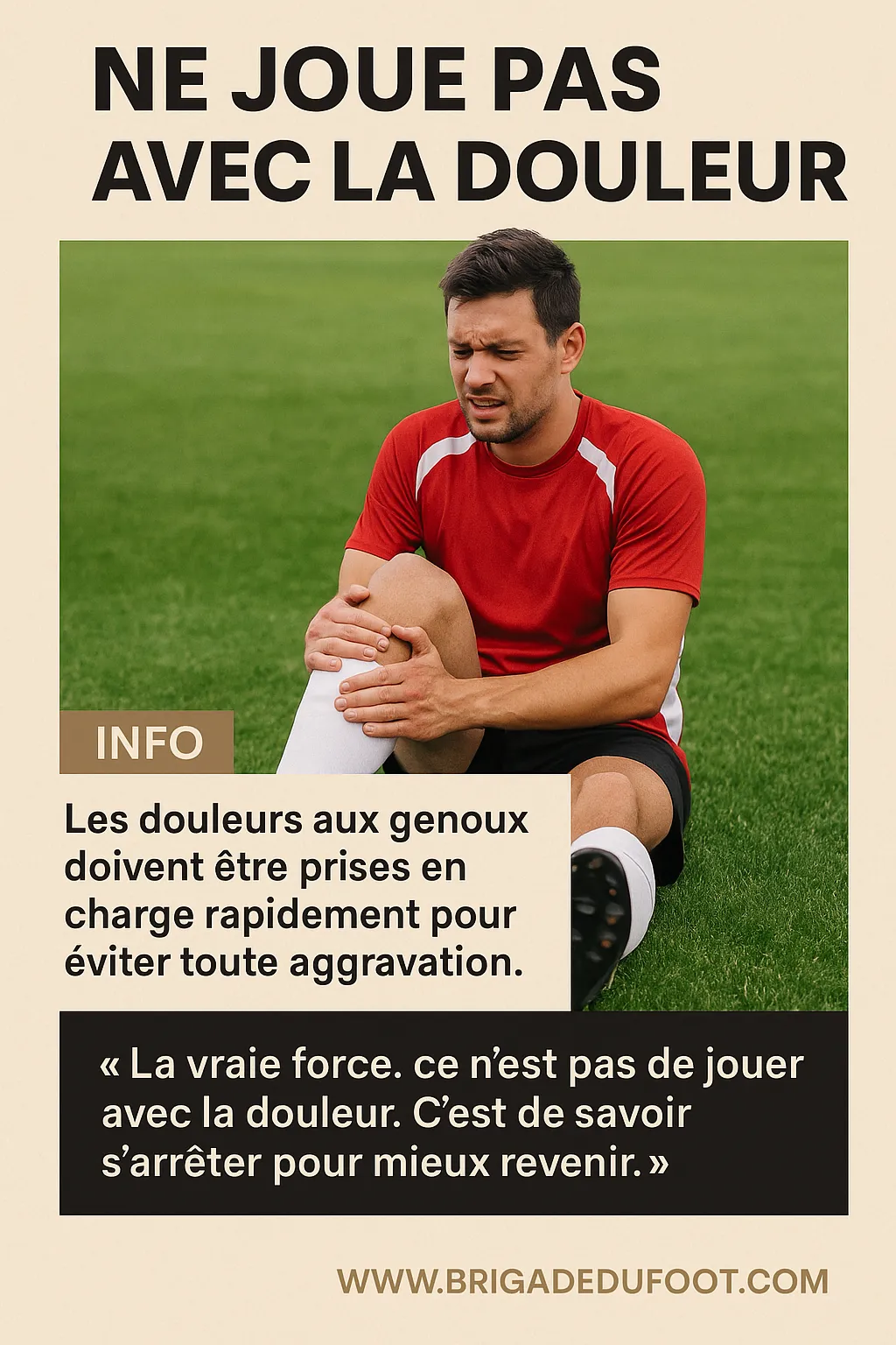 Affiche réaliste Ne joue pas avec la douleur – genou au football – Brigade du Foot