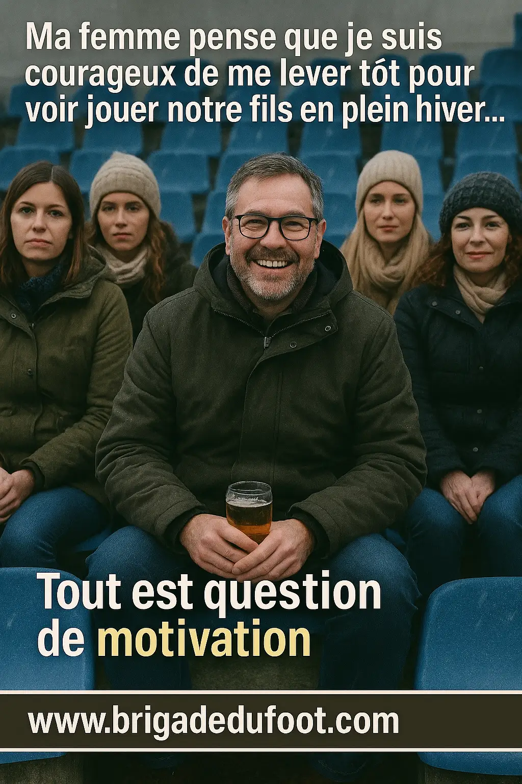 Un papa prêt pour le match, même sous 4 degrés papa heureux d’accompagner son enfant au match de foot amateur malgré le froid