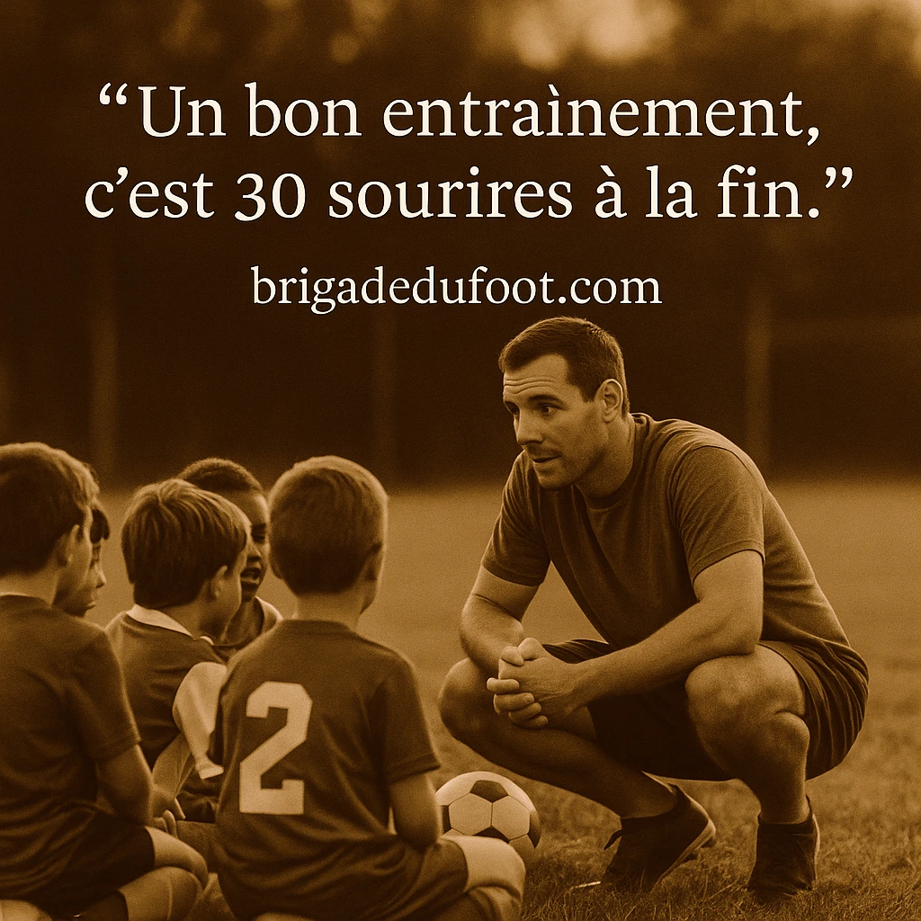 Séance d’entraînement football U11 sur terrain amateur : éducateur accroupi, groupe de joueurs U11, ambiance fin de journée, conseils pratiques et exercices ludiques.