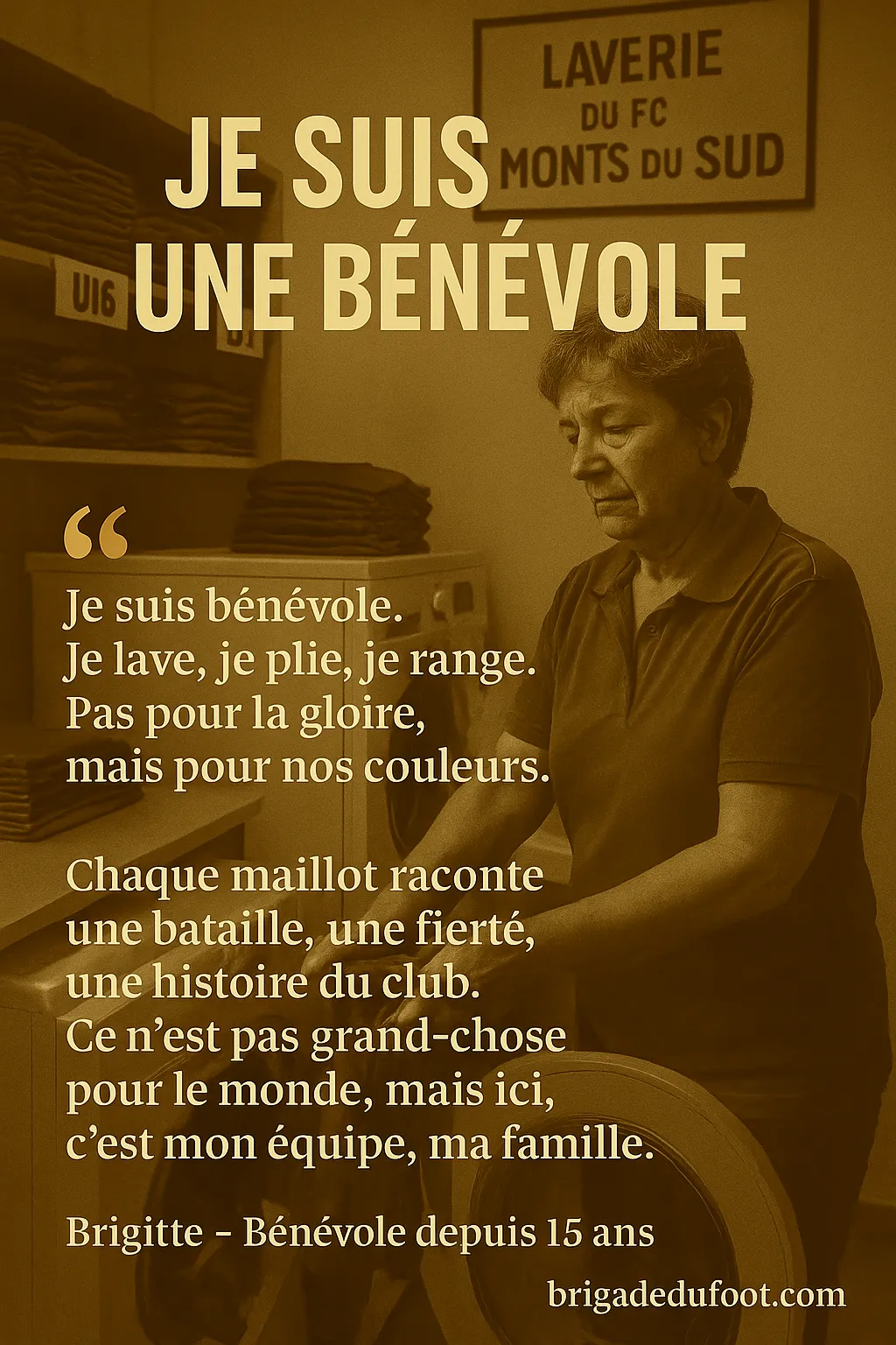 Bénévoles du foot amateur : une femme qui lave, plie et range les maillots du club par amour des couleurs.