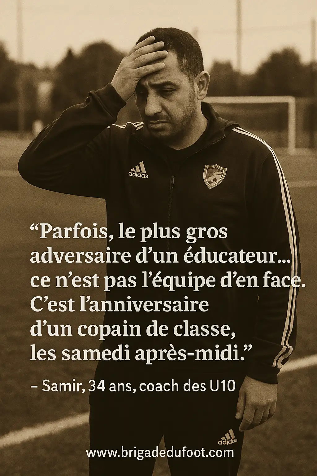 Éducateur de foot amateur pensif sur le terrain, équipe incomplète un samedi matin