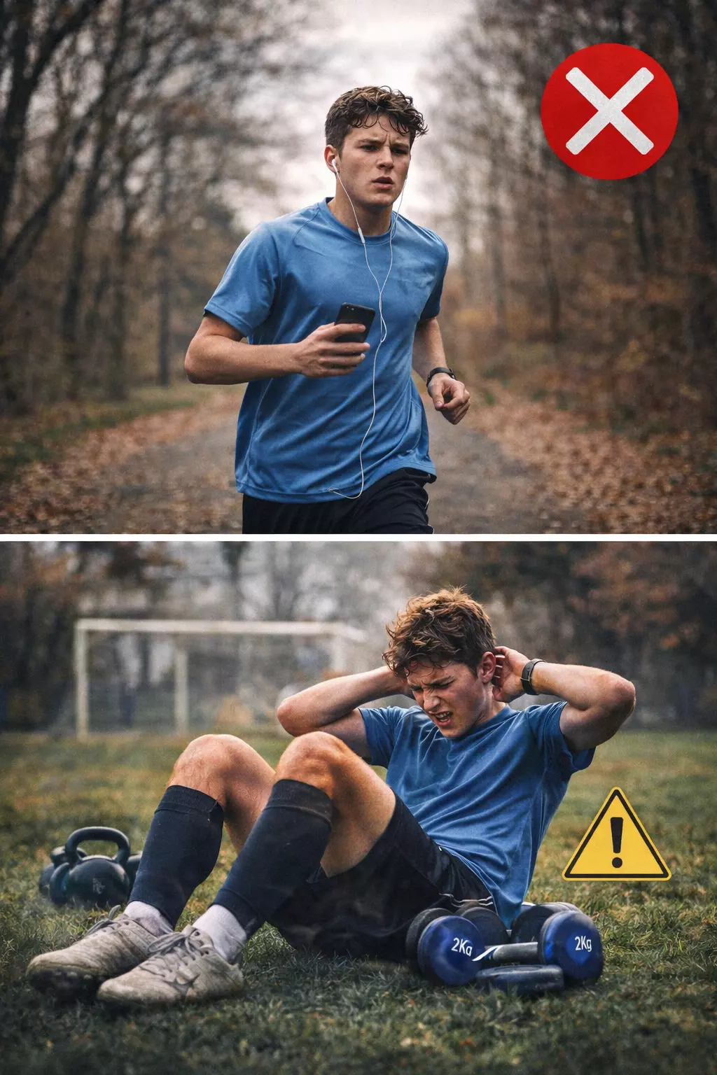 Foot ado : quand vouloir trop bien faire ralentit la progression Jeune footballeur adolescent s’entraînant seul en renforcement musculaire, symbole des erreurs fréquentes chez les joueurs