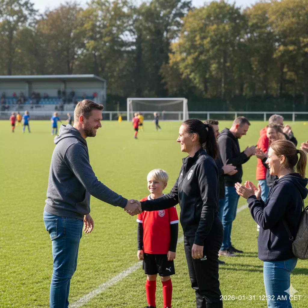 Parents au bord du terrain de football amateur observant un match de jeunes dans une ambiance calme et respectueuse