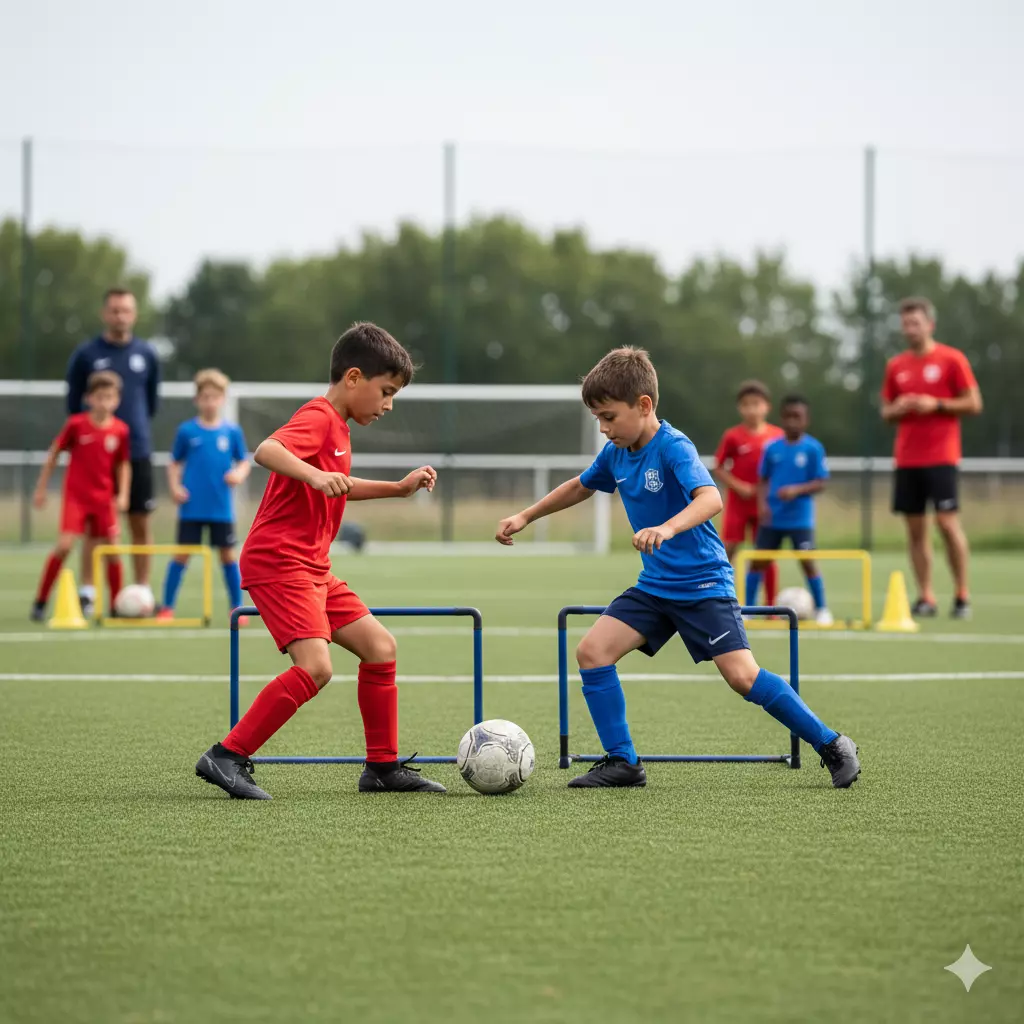 Exercice foot U10 : duel 1 contre 1 avec deux buts pour travailler dribble, crochet et finition en école de foot