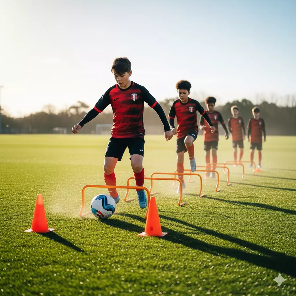 Jeunes joueurs U13 en chasubles rouges et jaunes pendant un entraînement de football amateur