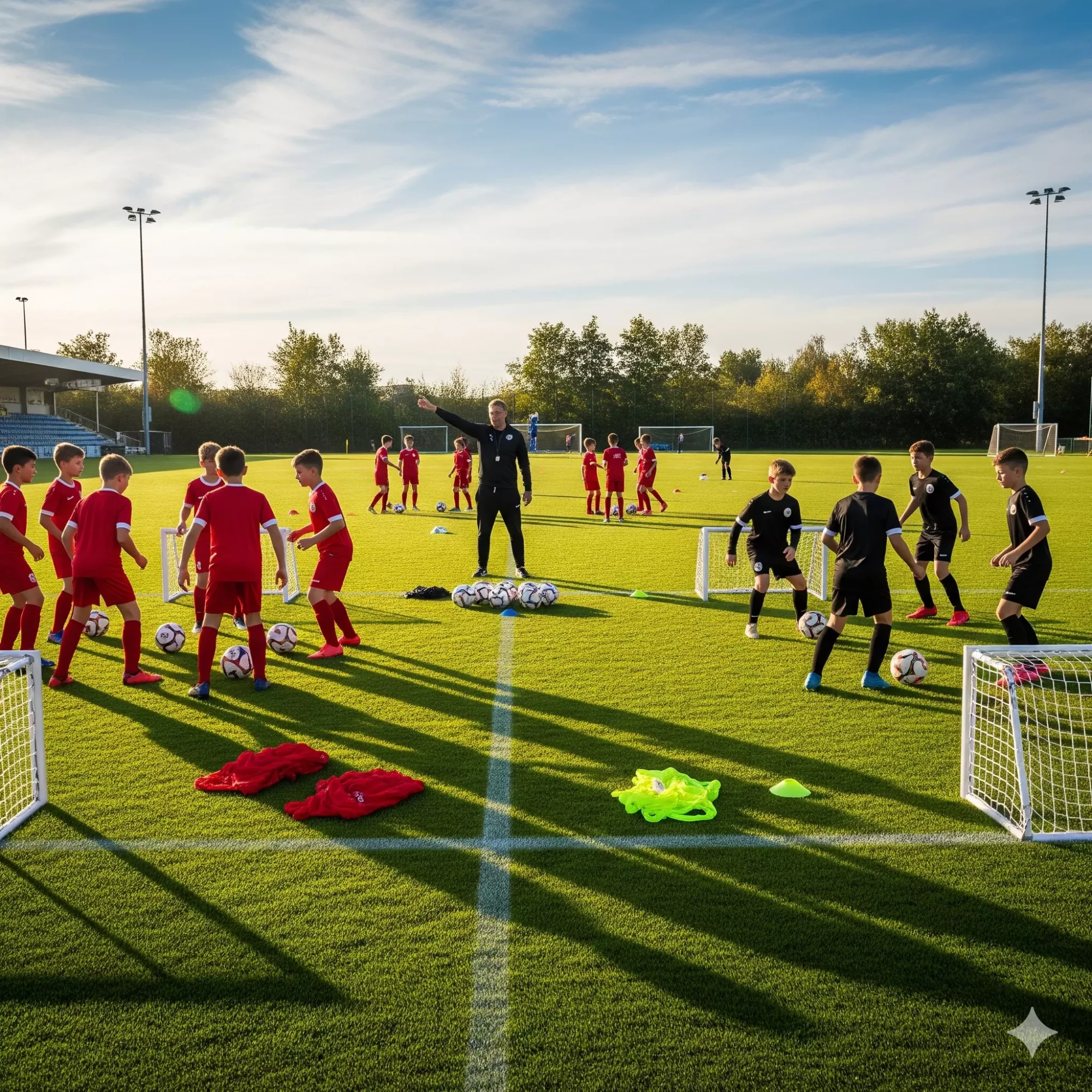 Affiche programme entraînement U13 football amateur avec coach et jeunes joueurs en séance