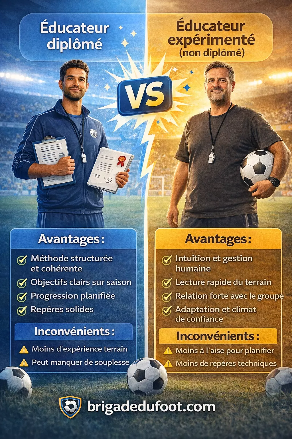 Educateur de foot diplome vs educateur experimente comparaison comparatif educateur foot diplome vs educateur experimente avantages inconvenients football