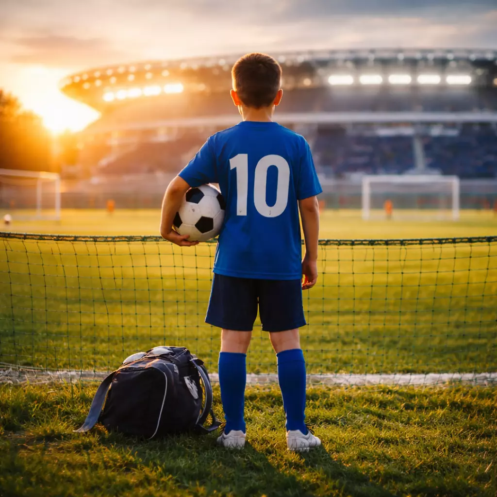 Jeune joueur de 14 ans regardant un grand stade et rêvant de devenir footballeur professionnel