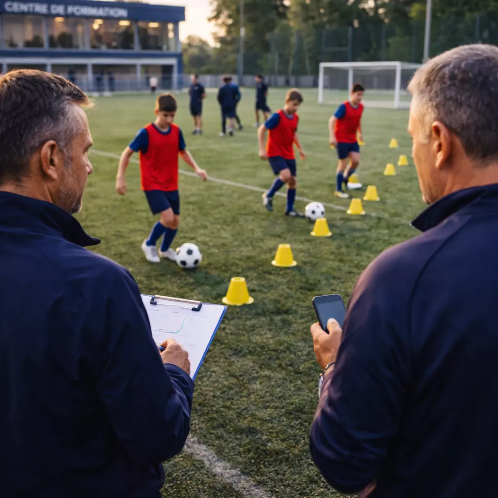 Recruteurs observant de jeunes joueurs lors d une détection football en centre de formation